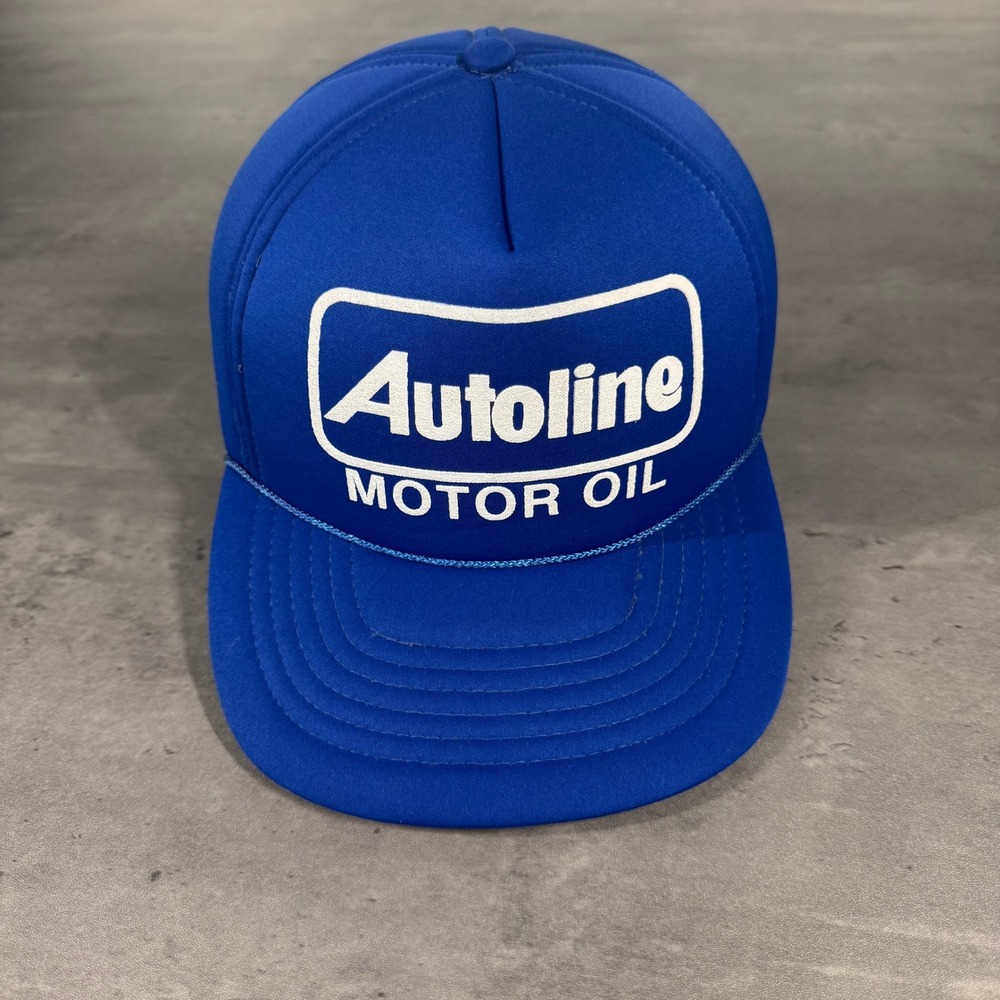 Vintage Autoline Motor Oil Blue Trucker Hat Snapback Cap Promotional Advertising